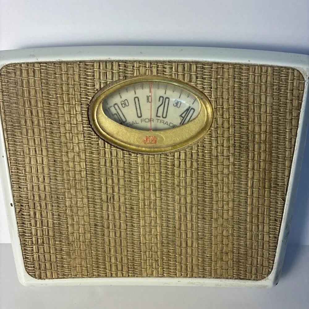 Vintage Counselor Bathroom Scale Mid Century White Metal Woven Fiber Tiki Style